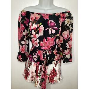 Rococo Sand Floral Silk Romantic Off Shoulder Pleated Blouse w belt Date Top S